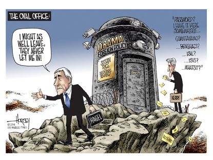 Political cartoon Obama foreign policy Hagel resignation