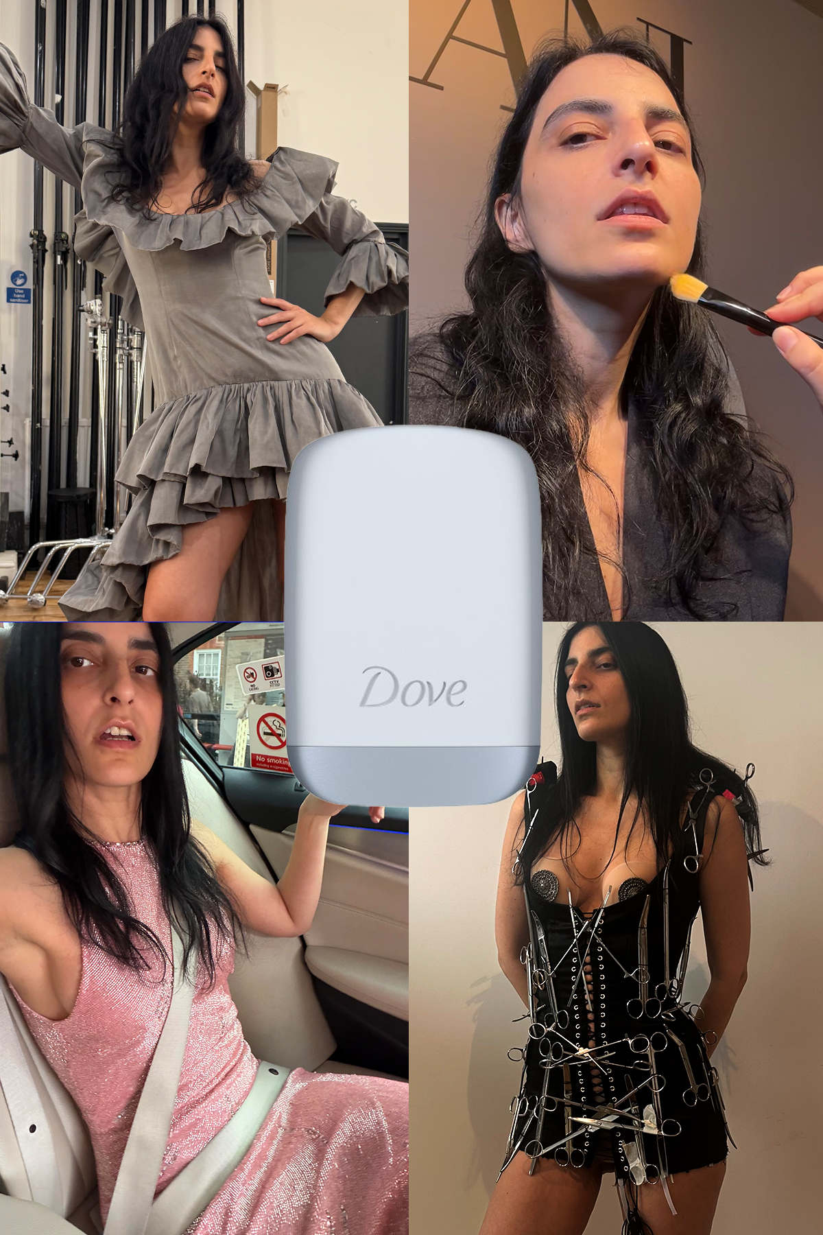 Four behind the scenes images of Nassia Matsa with the Dove Refillable Anti-Perspirant Original starter kit case on top