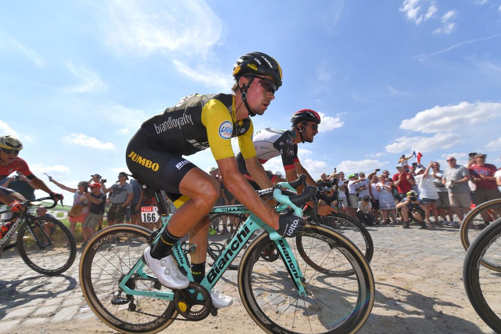 ROUBAIX, FRANCE - JULY 15: Primoz Roglic of Slovenia and Team LottoNL - Jumbo / Cobbles / Pave / during the 105th Tour de France 2018, Stage 9 a 156,5 stage from Arras Citadelle to Roubaix on July 15, 2018 in Roubaix, France. (Photo by Tim de Waele/Getty Images)