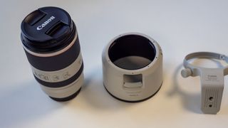 Lens, tripod mount, and hood image for Canon RF 70-200mm f2.8 lens review_Lauren Scott
