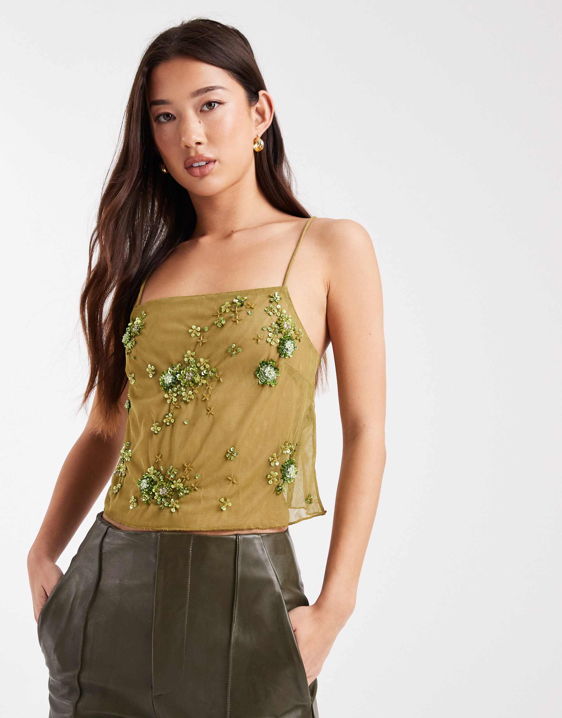 ASOS DESIGN, Asos Design Scatter Sequin Mesh Cami Top in Olive