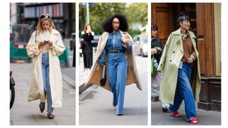 street style influencers showing how to style a trench coat with jeans