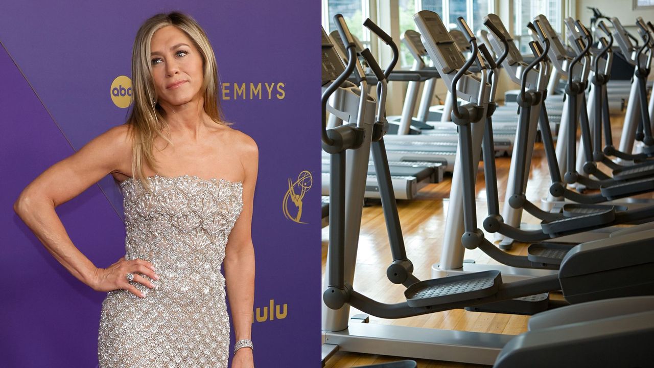 Jennifer Aniston next to row of cross trainers at the gym to represent the 15-15-15 workout