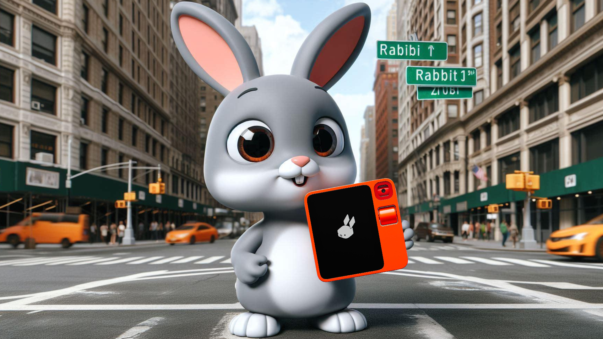 A CGI rabbit holding the Rabbit R1 device in New York City.
