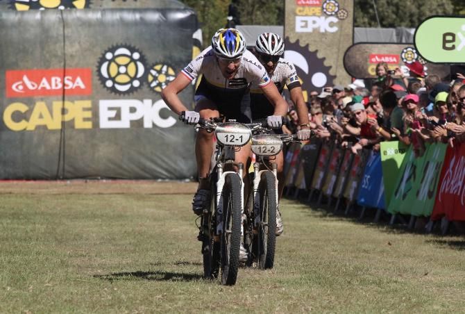 Thomas Dietsch and Tim B&ouml;hme of Team Bulls finish during the final stage (stage 7) of the 2012 Absa Cape Epic Mountain Bike stage race