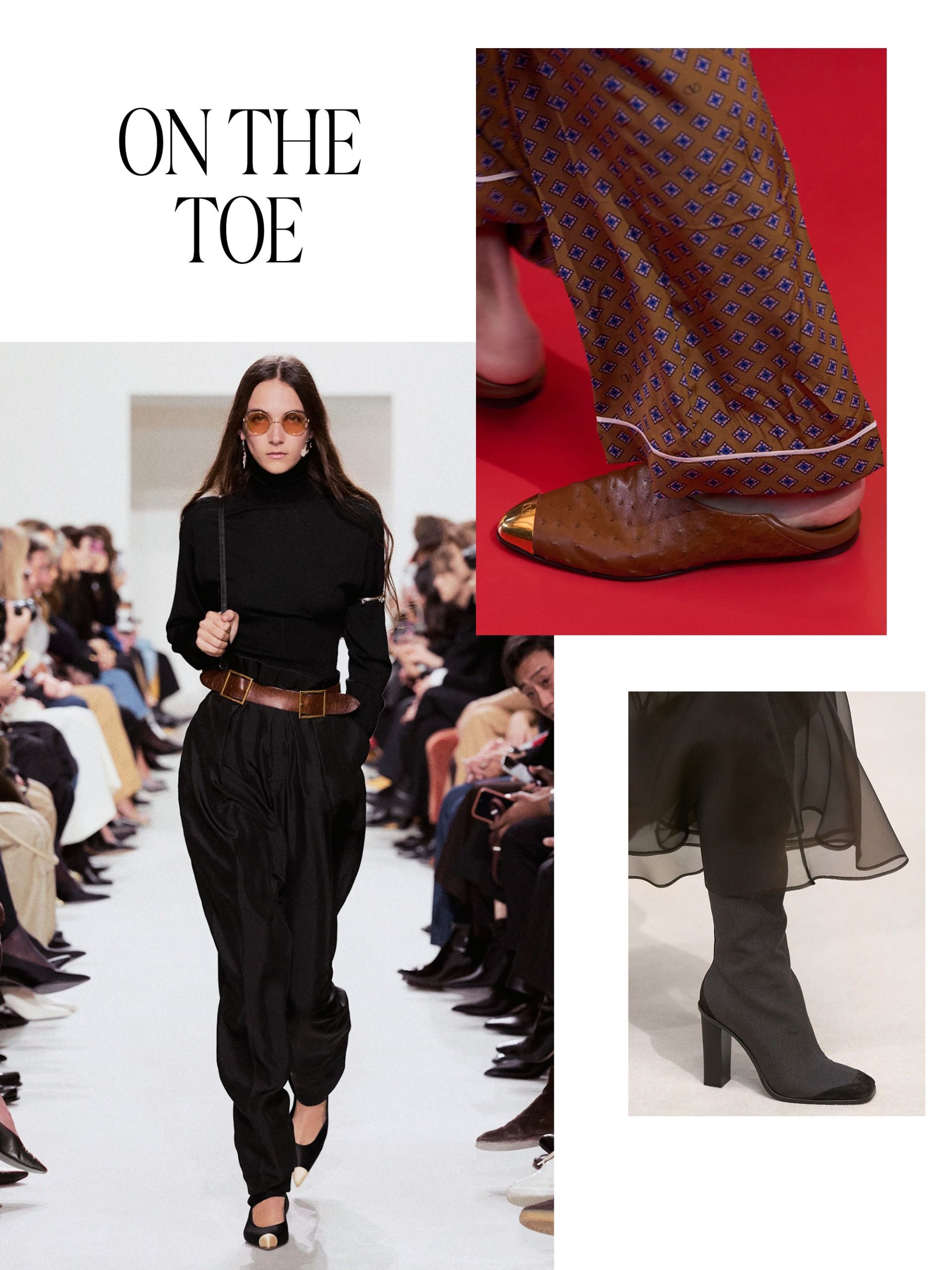 a collage of detail and full look runway images from the spring/summer 2027 collections featuring the major shoe trends