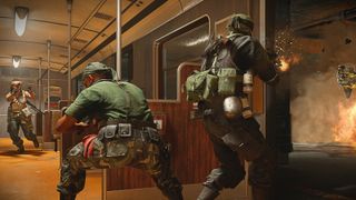 Call of duty: Warzone ak74u loadout - a group of operators battle in a U-Bahn carriage.