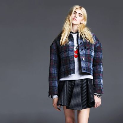 Blonde model in plaid, tartan