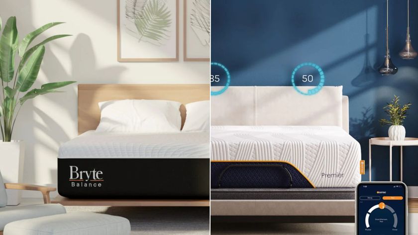 Bryte Balance vs iSense Hybrid Premier smart mattress. Bryte (left) light beige bedroom with plant and light shining in. iSense (right) in bedroom with navy wall, bedside table with plant and lamps hanging down from ceiling 