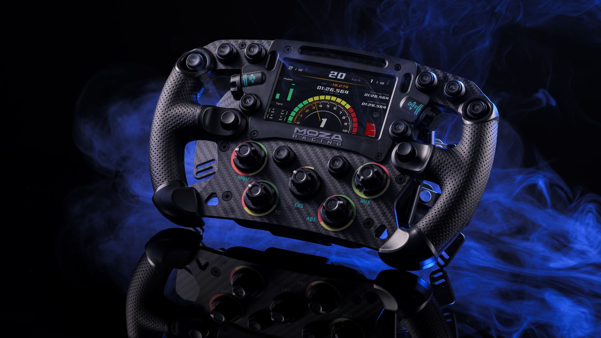 A picture of a Moza racing sim wheel