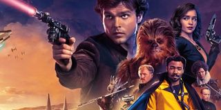 Solo: A Star Wars Story Han and Qi'ra hover over the cast, blasters in hand