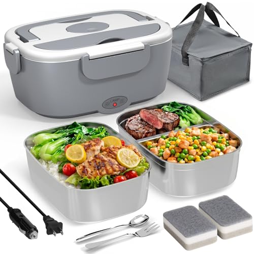 Electric Lunch Box for Adults, 15-30 Min Fast Heating Portable Food Warmer | Heated Lunch Box With 2 of 53oz 304 Stainless Steel Containers 12v/24v/110v for Car Truck&amp;amp;work Lonchera Electrica