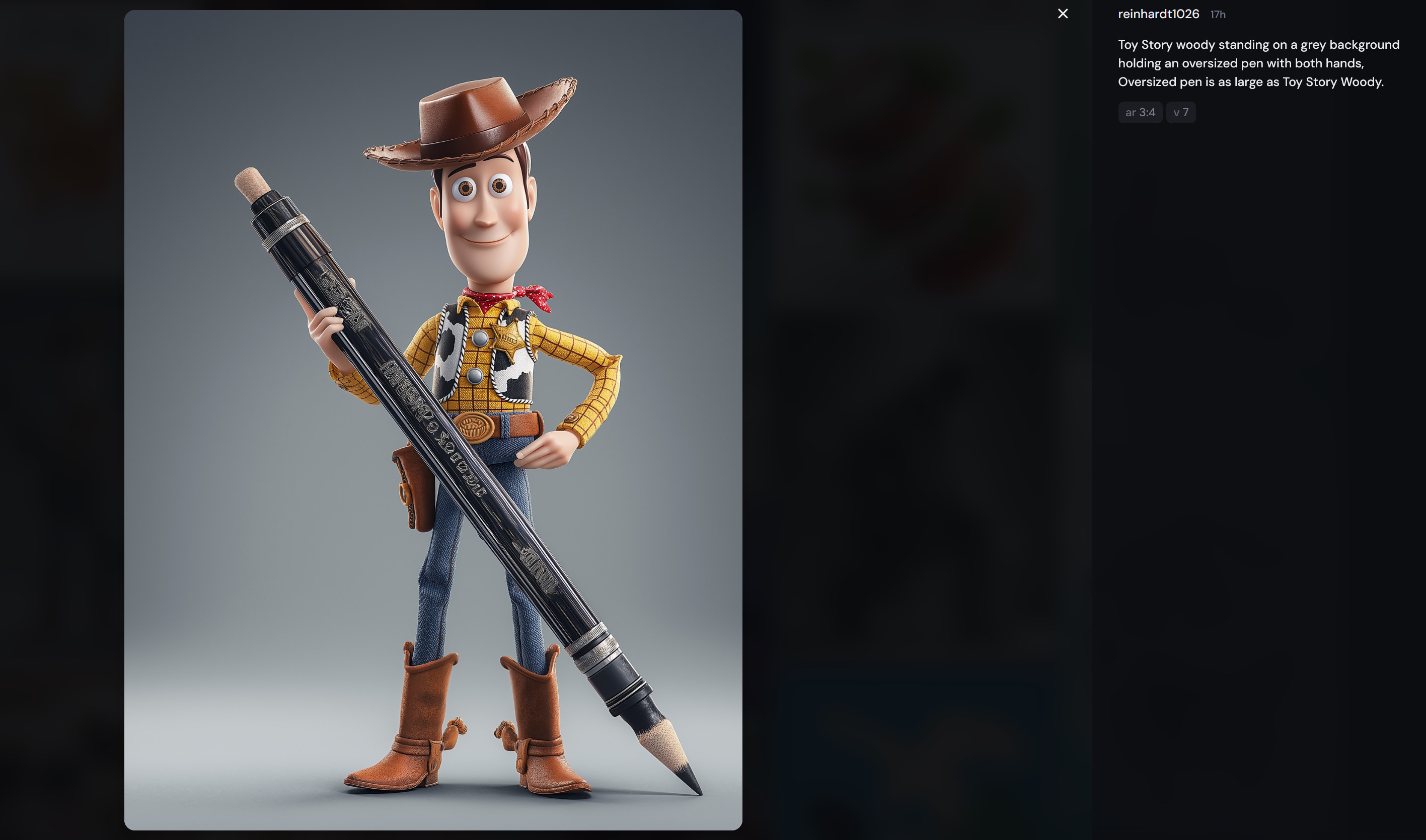 Toy Story woody standing on a grey background holding an oversized pen with both hands, Oversized pen is as large as Toy Story Woody.