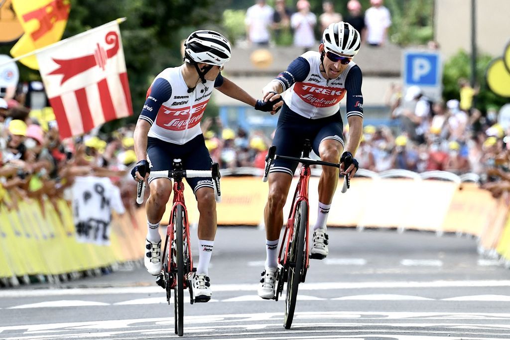 Team Trek Segafredos Bauke Mollema of Netherlands and Team Trek Segafredos Kenny Elissonde of France cross the finish line at the end of the 11th stage of the 108th edition of the Tour de France cycling race 198 km between Sorgues and Malaucene on July 07 2021 Photo by Philippe LOPEZ AFP Photo by PHILIPPE LOPEZAFP via Getty Images