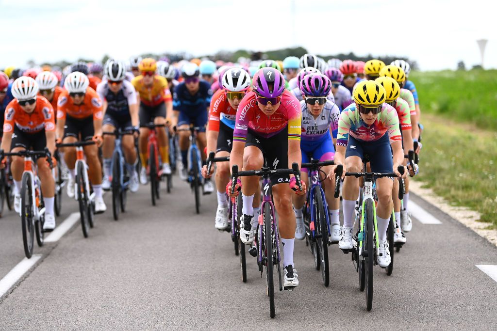 PROVINS FRANCE JULY 25 LR Chantal Van Den Broek Blaak of Netherlands and Team SD Worx and Tiffany Cromwell of Australia and Team CanyonSRAM Racing leads the peloton during the 1st Tour de France Femmes 2022 Stage 2 a 1364km stage from Meaux to Provins TDFF UCIWWT on July 25 2022 in Provins France Photo by Tim de WaeleGetty Images