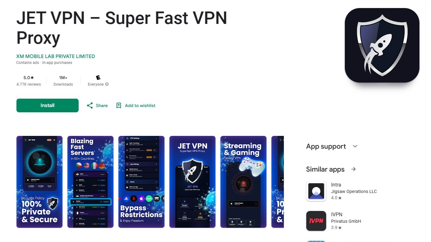 Screenshot of JetVPN's Google Play Store page taken from the Web.Archive website on August 21, 2025.