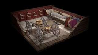 3D graphic of a burial with a four-wheeled wagon next to a wrapped body lying on a couch.