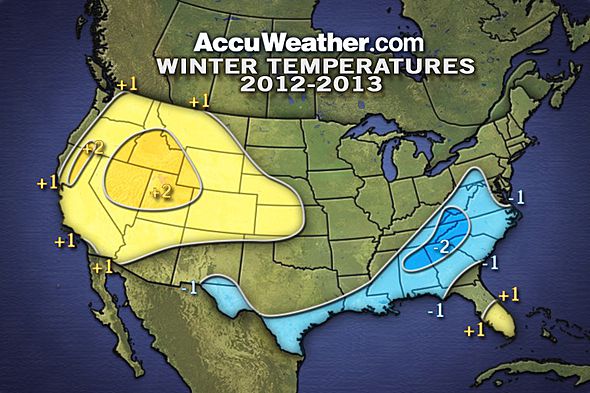 This map shows the forecast temperature departures compared to normal for winter 2012-2013.