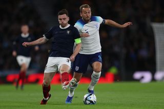 Scotland's Andy Roberston in action with England's Harry Kane during the 150th Anniversary Heritage Match between Scotland and England at Hampden Park, Glasgow on Tuesday 12th September 2023. (Photo by Mark Fletcher/MI News/NurPhoto via Getty Images) When is the Euro 2024 draw