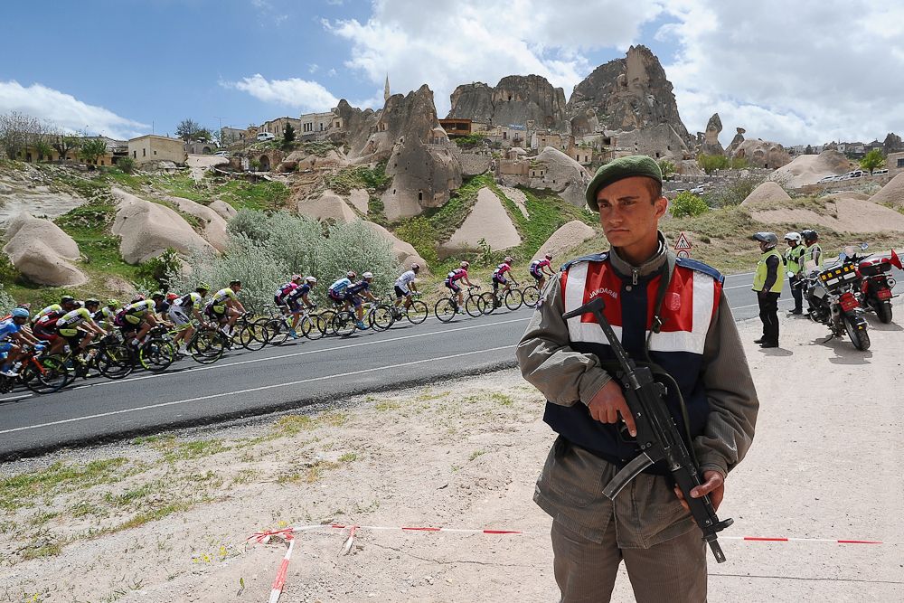 Turkeys police stands guard during Stage 2 of the 2016 Tour of Turkey