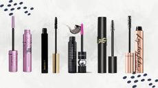 a lineup of mascaras on a stone toned backdrop, including maybelline sky high, merit clean lash, macstack, ysl lash clash and charlotte tilbury legendary lashes, with polka dots and a mascara swoosh behind