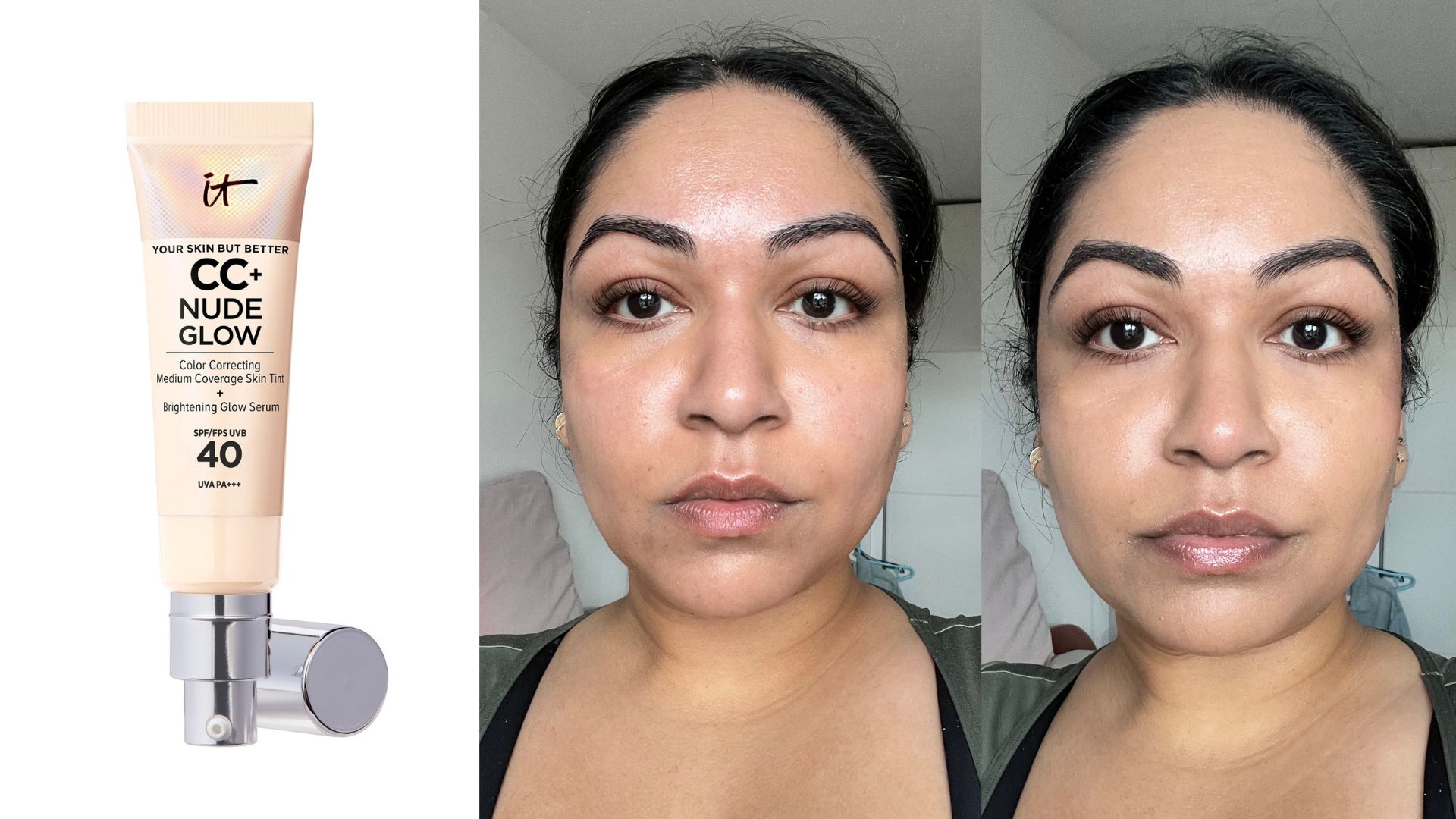 IT Cosmetics CC+ Nude Glow next to a before and after of Aleesha wearing the product