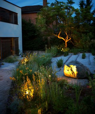 urban garden at nighttime with lit rocks