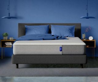 Casper mattress on a bed with pillows against a blue bedroom wall.