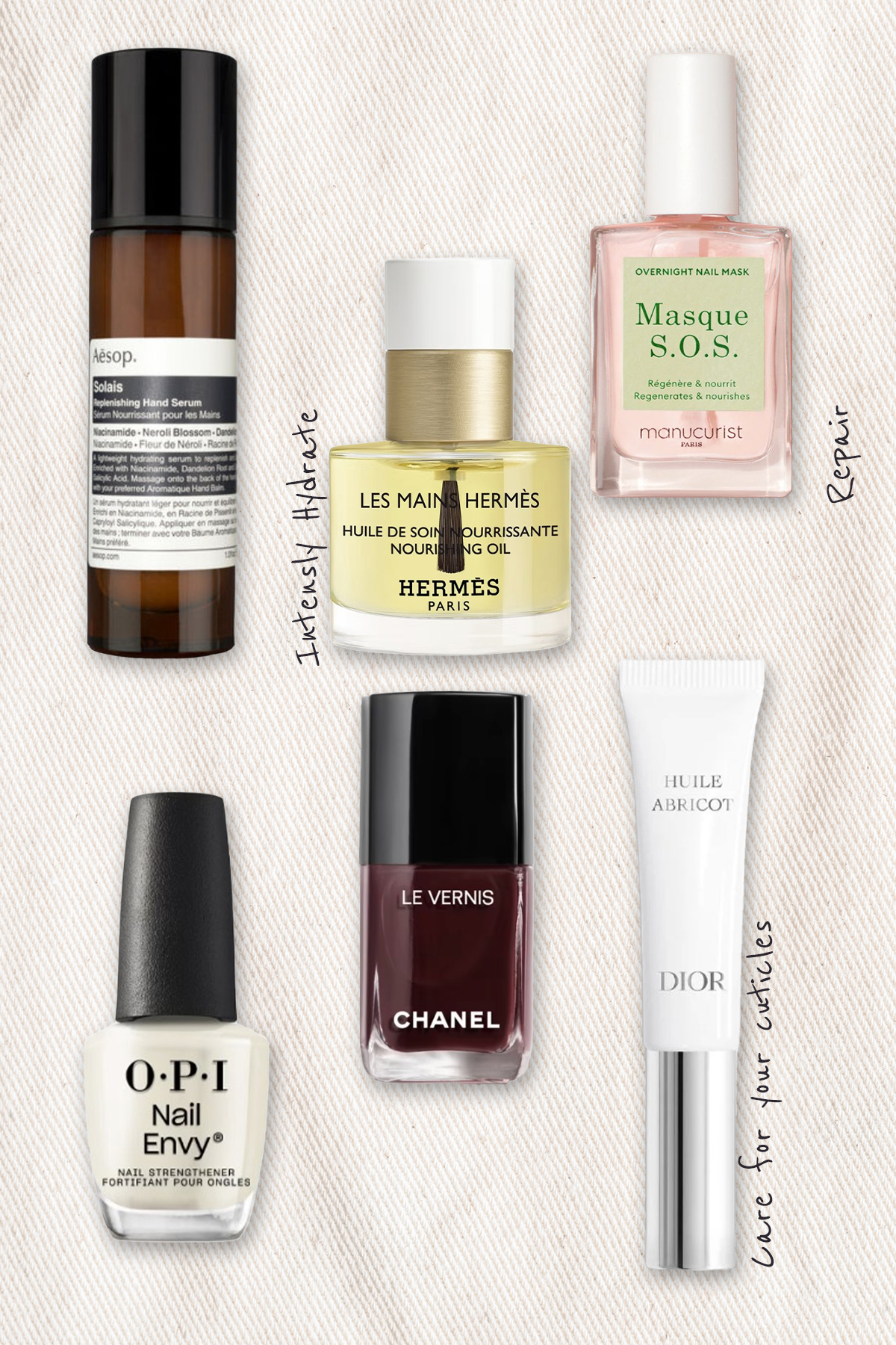 A collage of beauty products from Aesop, Hermes, Manucurist, OPI, Chanel and Dior
