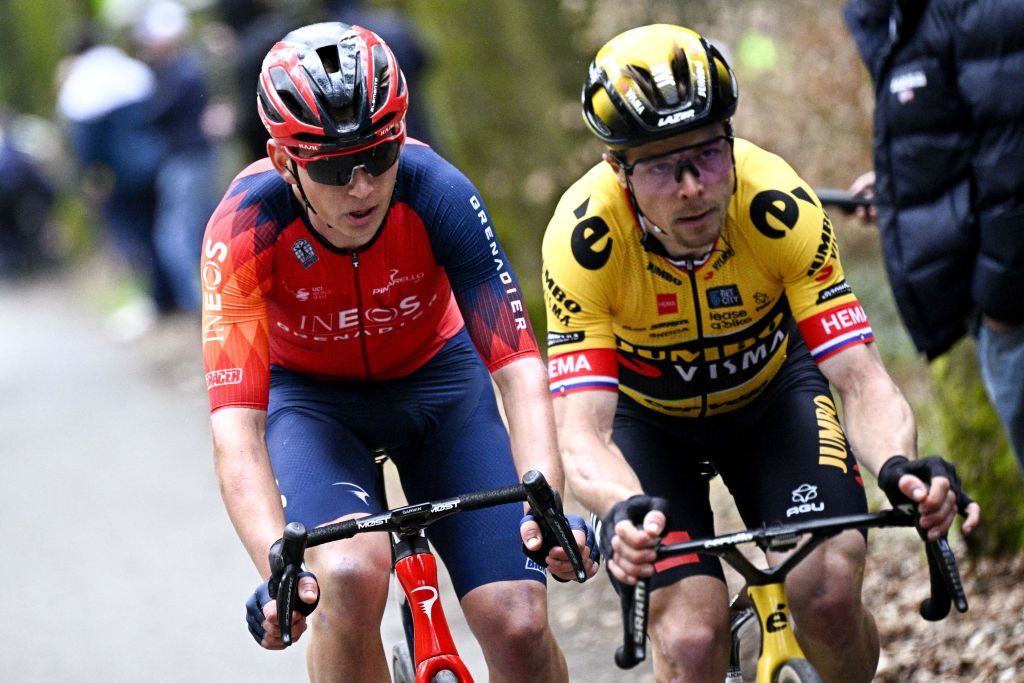 Ineos Grenadiers US rider Magnus Sheffield L and JumboVismas Slovenian rider Jan Tratnik R cycle during the mens elite race of the LiegeBastogneLiege one day cycling event 2585 km roundtrip from Liege via Bastogne on April 23 2023 Photo by JASPER JACOBS Belga AFP Belgium OUT Photo by JASPER JACOBSBelgaAFP via Getty Images