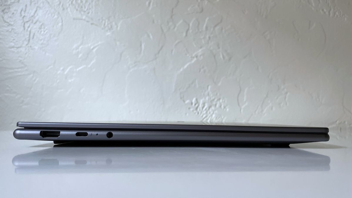 Close up of the ports on the left side of the Lenovo Yoga Slim 7i Aura edition