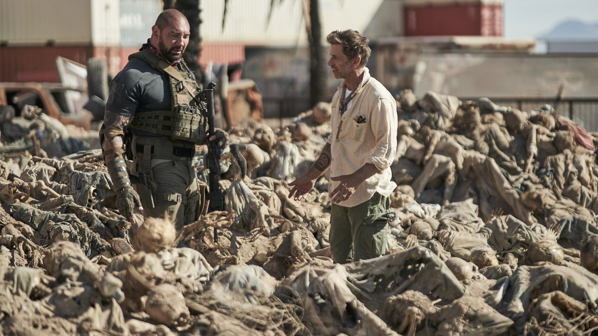 Dave Bautista and director Zack Snyder on the set of "Army of the Dead."
