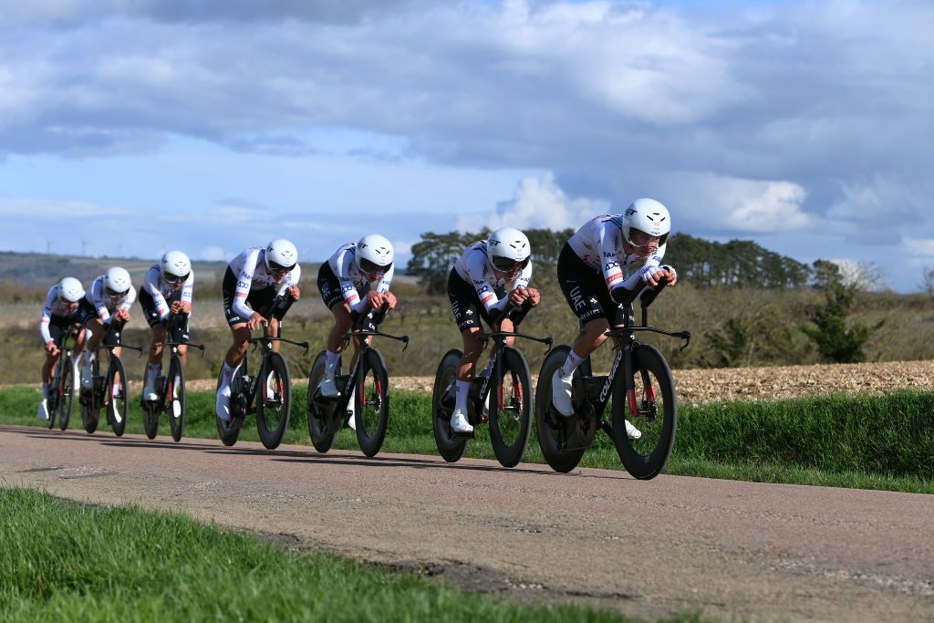 AUXERRE FRANCE MARCH 05 A general view of Joao Almeida of Portugal Finn FisherBlack of New Zealand Felix Grobschartner of Austria Brandon Mcnulty of The United States Nils Politt of Germany Marc Soler of Spain Jay Vine of Australia and UAE Team Emirates sprint during the 82nd Paris Nice 2024 Stage 3 a 269km team time trial from Auxerre to Auxerre UCIWT on March 05 2024 in Auxerre France Photo by Alex BroadwayGetty Images