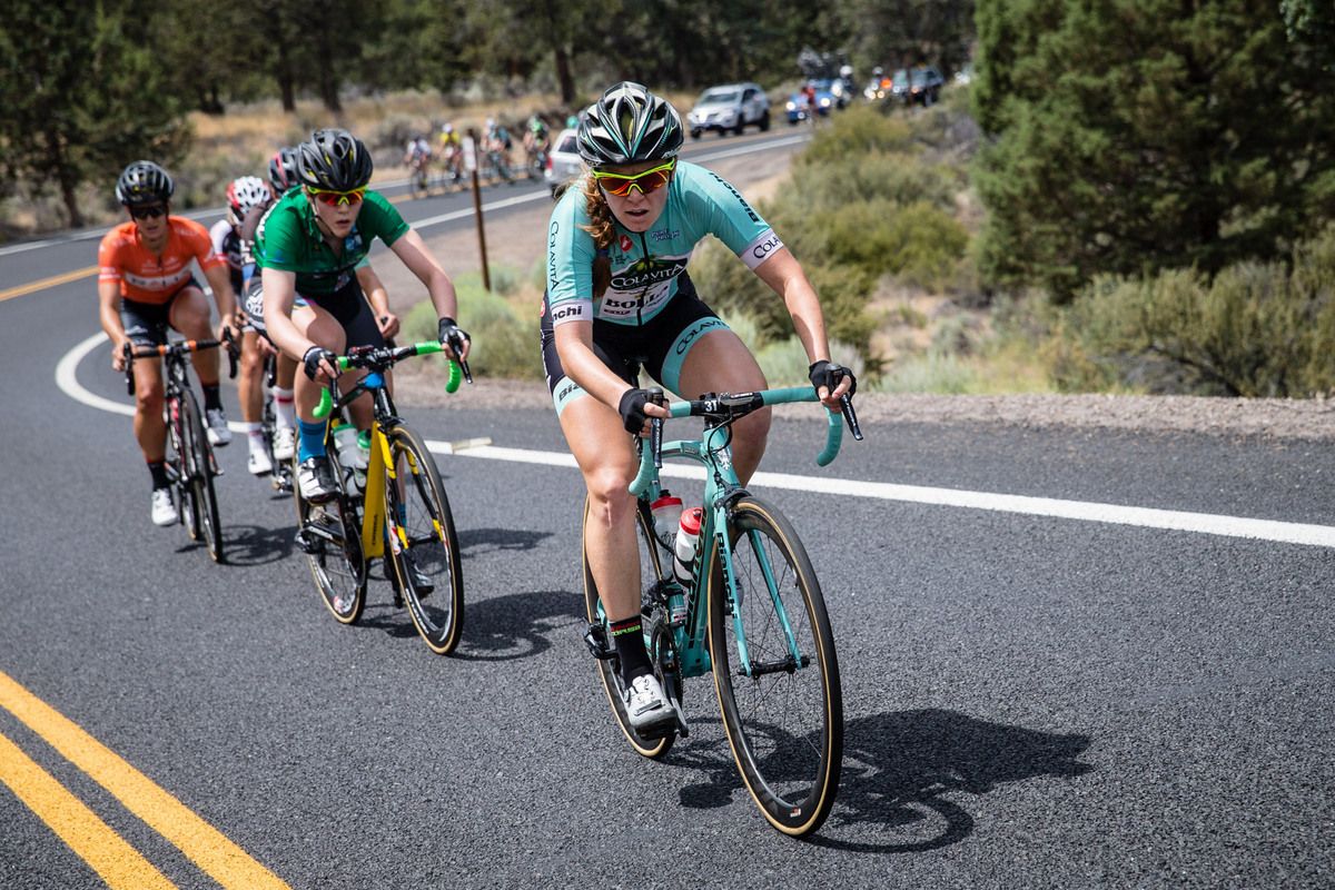 Whitney Allison (Colavita) leads a break up the feed zone climb