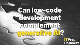 The words ‘Can low-code development complement generative AI?’ with ‘generative AI’ highlighted in yellow and the others in white, against a black and white image of a puzzle piece being placed into a white gap.