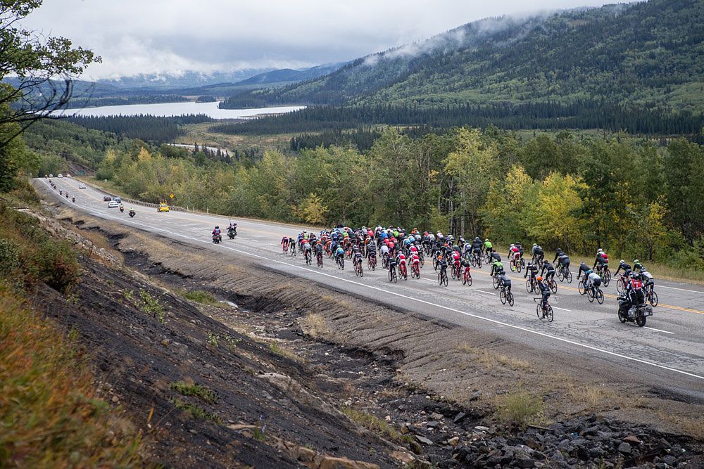 The peloton approaches Miette Rd and the final climb of the day