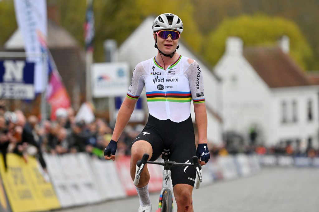 NOKERE BELGIUM MARCH 13 Lotte Kopecky of Belgium and Team SD Worx Protime celebrates at finish line as race winner during the 5th Danilith Nokere Koerse 2024 Womens Elite a 127km one day race from Deinze to Nokere UCIWWT on March 13 2024 in Nokere Belgium Photo by Luc ClaessenGetty Images