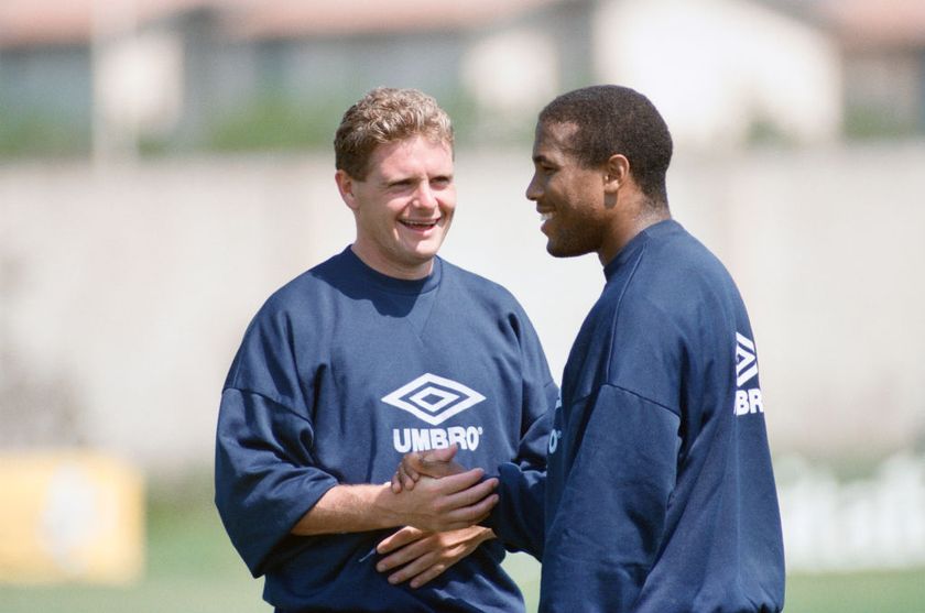 England team hold a training session at their training ground in Pula, Sardinia ahead of their World Cup Group F opening fixture against Republic of Ireland. Picture: England players Paul Gascoigne and John Barnes. 28th May 1990 (Photo by Staff/Mirrorpix via Getty Images)