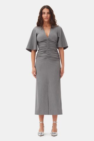 Grey Striped Suiting V-Neck Fitted Dress