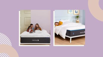 A composite image of two of the best Nectar mattress sales in July, on a lilac background.