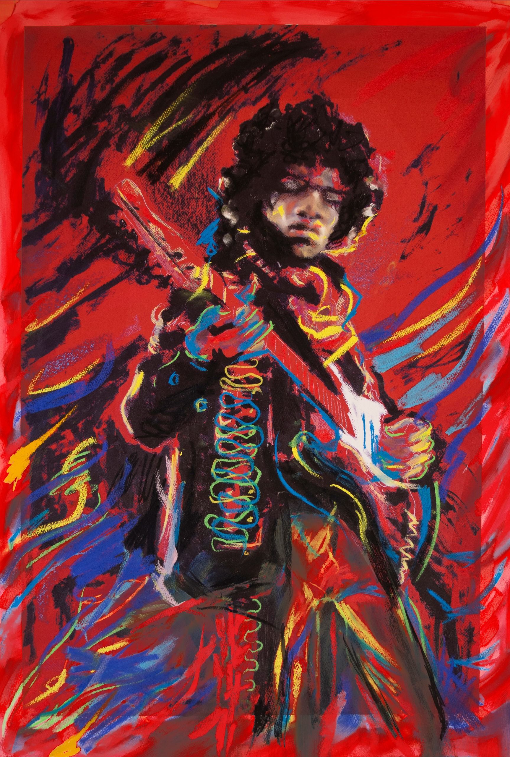 A painting of Jimi with lots of bright red colours. He is playing the guitar