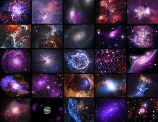 a grid displays 25 different images of galaxy, nebula and other space phenomeonon, shown brilliantly with many colors. This image shows a collection of 25 new space images celebrating the Chandra X-ray Observatory's 25th anniversary. The images are arranged in a grid, displayed as five images across in five separate rows. Starting from the upper left, and going across each row, the objects imaged are: Crab Nebula, Orion Nebula, The Eyes Galaxies, Cat's Paw Nebula, Milky Way's Galactic Center, M16, Bat Shadow, NGC 7469, Virgo Cluster, WR 124, G21.5-0.9, Centaurus A, Cassiopeia A, NGC 3532, NGC 6872, Hb 5, Abell 2125, NGC 3324, NGC 1365, MSH 15-52, Arp 220, Jupiter, NGC 1850, MACS J0035, SN 1987A.