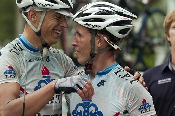 Well done mate: Stage winner Boris Shpilevsky is congratulated by his Tabriz Petrochemical teammate Tobias Erler in Nilai.