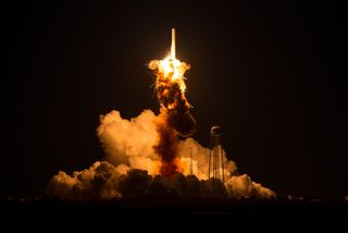 The Orbital Sciences Corporation Antares rocket, with the Cygnus spacecraft onboard suffers a catastrophic anomaly moments after launch from the Mid-Atlantic Regional Spaceport Pad 0A, Tuesday, Oct. 28, 2014, at NASA's Wallops Flight Facility in Virginia.