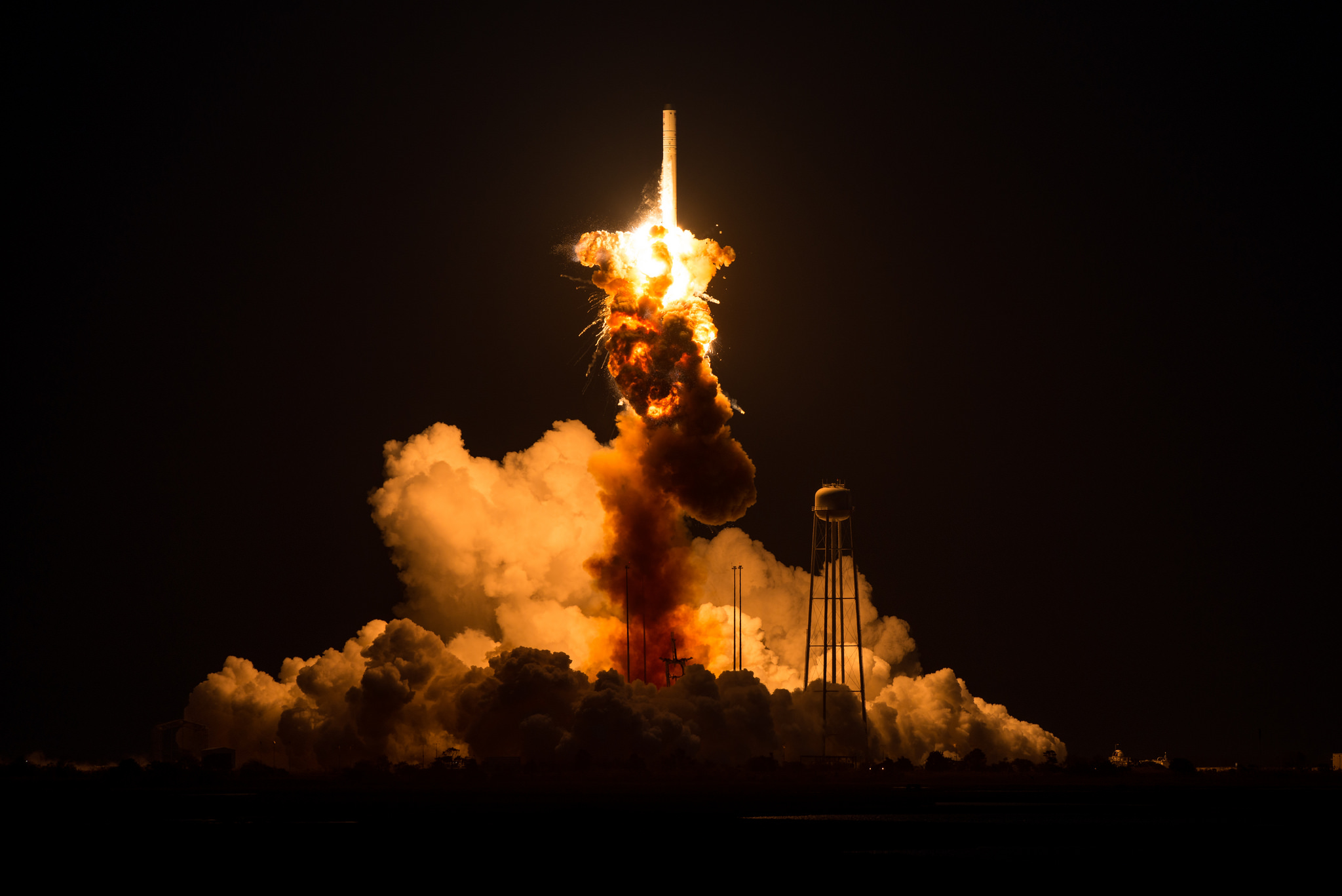 The Orbital Sciences Corporation Antares rocket, with the Cygnus spacecraft onboard suffers a catastrophic anomaly moments after launch from the Mid-Atlantic Regional Spaceport Pad 0A, Tuesday, Oct. 28, 2014, at NASA&#039;s Wallops Flight Facility in Virginia.