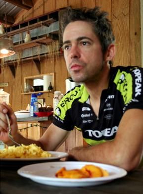 Eddie O'Dea takes a break for a big meal during his record-breaking ride in the 2011 Trans North Georgia
