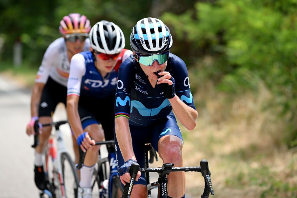 CESENA ITALY JULY 04 Annemiek Van Vleuten of Netherlands and Movistar Team competes in the breakaway during the 33rd Giro dItalia Donne 2022 Stage 4 a 1209km stage from Cesena Torinese to Cesena Torinese GiroDonne UCIWWT on July 04 2022 in Cesena Italy Photo by Dario BelingheriGetty Images