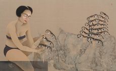 artwork in muted colours by Artist Hayv Kahraman, showing woman with white eyes, and abstract sets of eyes on stalks