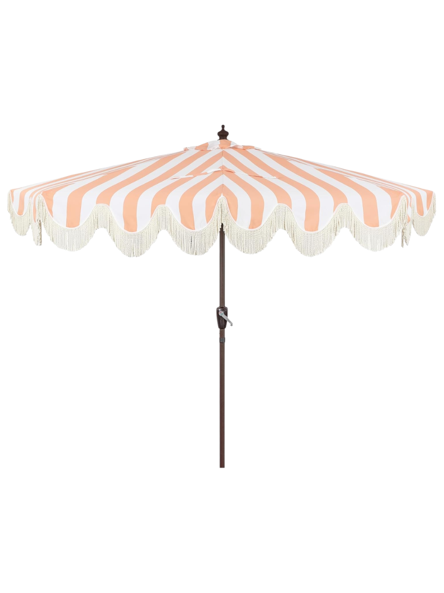 Jonathan Y Beverly 9 Ft. Coastal Coral Pink and White Striped Half Patio Umbrella With Scalloped Fringe, Crank Lift, and Manual Tilt for Balcony, Dark Brown Pole Umb1201e