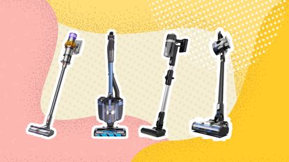 Image of four of the best vacuum cleaners in graphic image with pink and yellow background